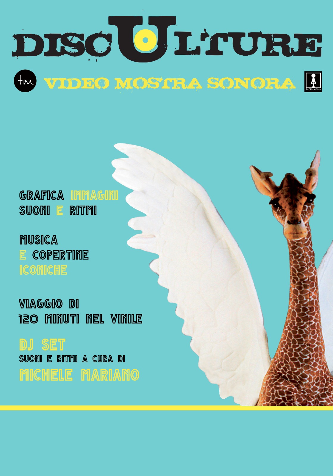 Locandina storica DISCULTURE su fondo turchese: viaggio di 120 minuti nel vinile e DJ set di Michele Mariano