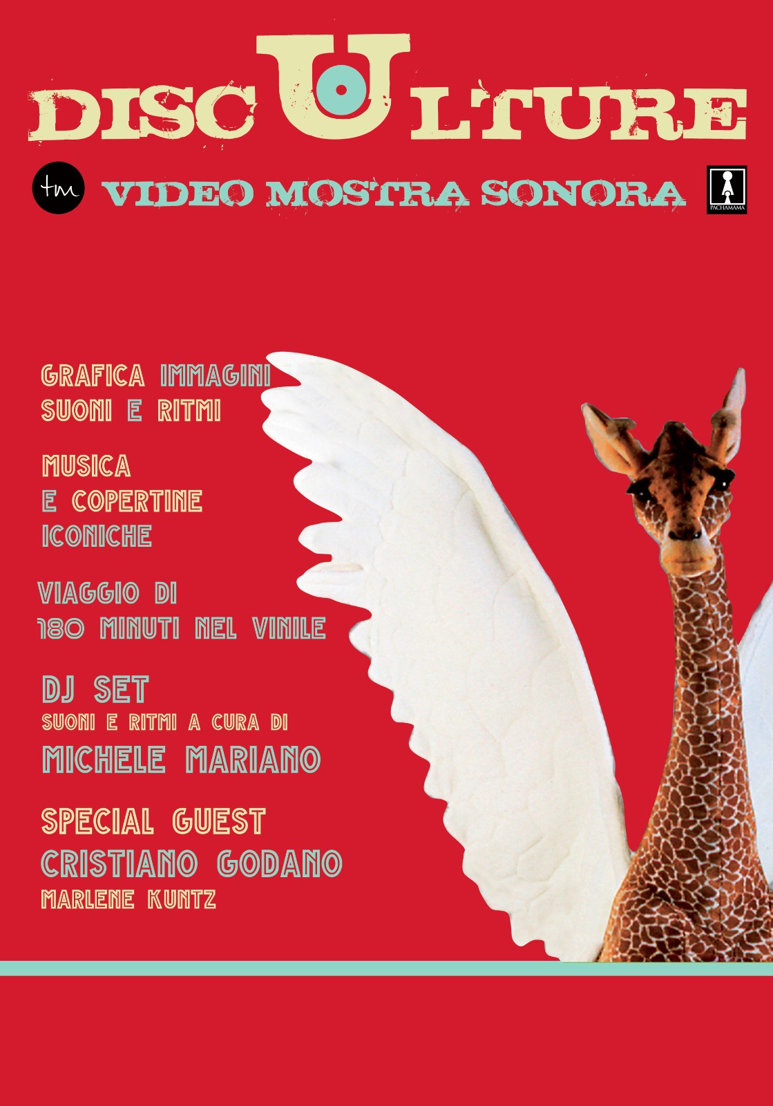 Locandina storica DISCULTURE su fondo rosso: viaggio di 180 minuti nel vinile, DJ set e special guest Cristiano Godano